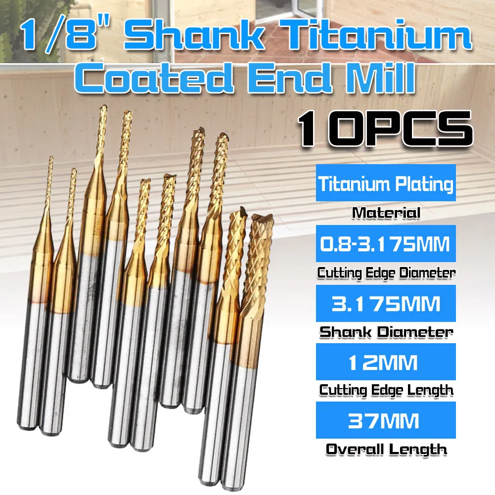

10 PCS 1/8" Shank Titanium Coated End Mill Carbide CNC Milling Cutter Router Bits Tools Kit