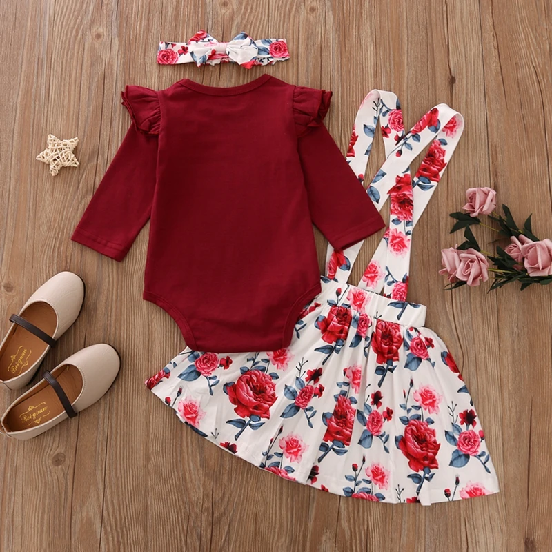 

Autumn Baby Clothing Sets Children Romper + Floral Print Strap Short Skirt Suit