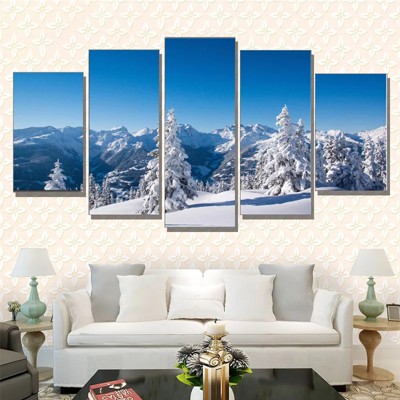 Модульные HD печатные настенные картины холст плакат 5 шт./шт. зимний Горный пейзаж