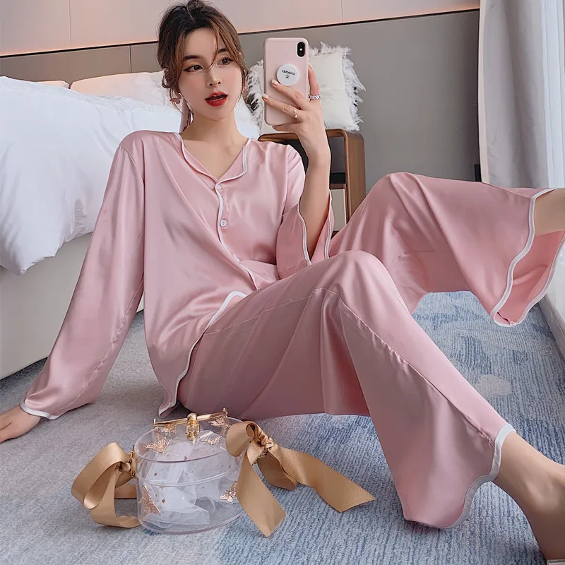 

Long Sleeve Satin Shirt&pant Sleep Set Spring Summer Silky Women Sleepwear 2PCS Pajamas Set Casual Loose Nightwear Sexy Homewear