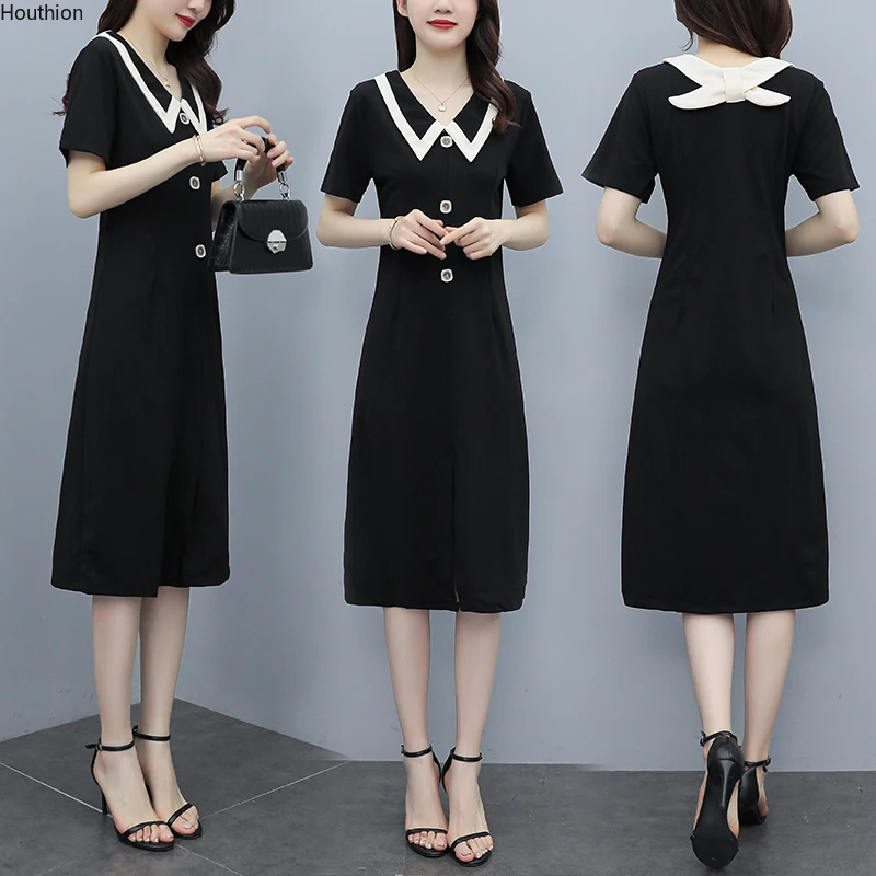 

Women's Dress Short Sleeve Doll Collar Dresses Sexy Solid Color Splicing Summer New Fashion Casual Mid-Calf Houthion