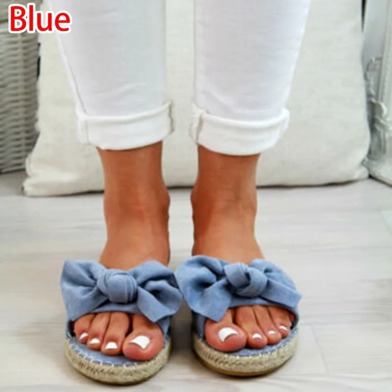 

2021 Slippers Women Terlik Woman Slip On Sandals Bow Flat Hemp Linen Summer Sliders Espadrille Shoes Chanclas De Mujer