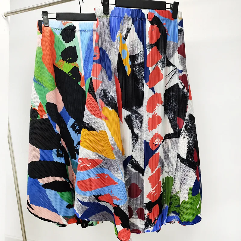 Pleated Skirt Medium Length Women's High Waist 2021 Spring And Summer Fashion Printing Elastic Waist A-line Pleated Skirt