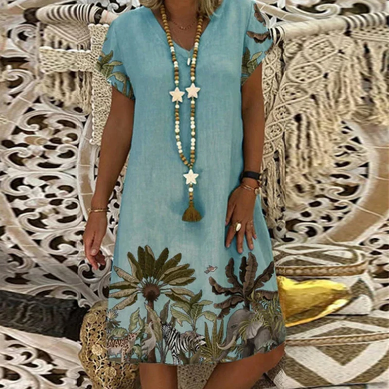 

Women's Dress Vintage Printed Elegant V-Neck Short Sleeve A-Line Dresses New Summer Sexy Beach Party Ladies Dress