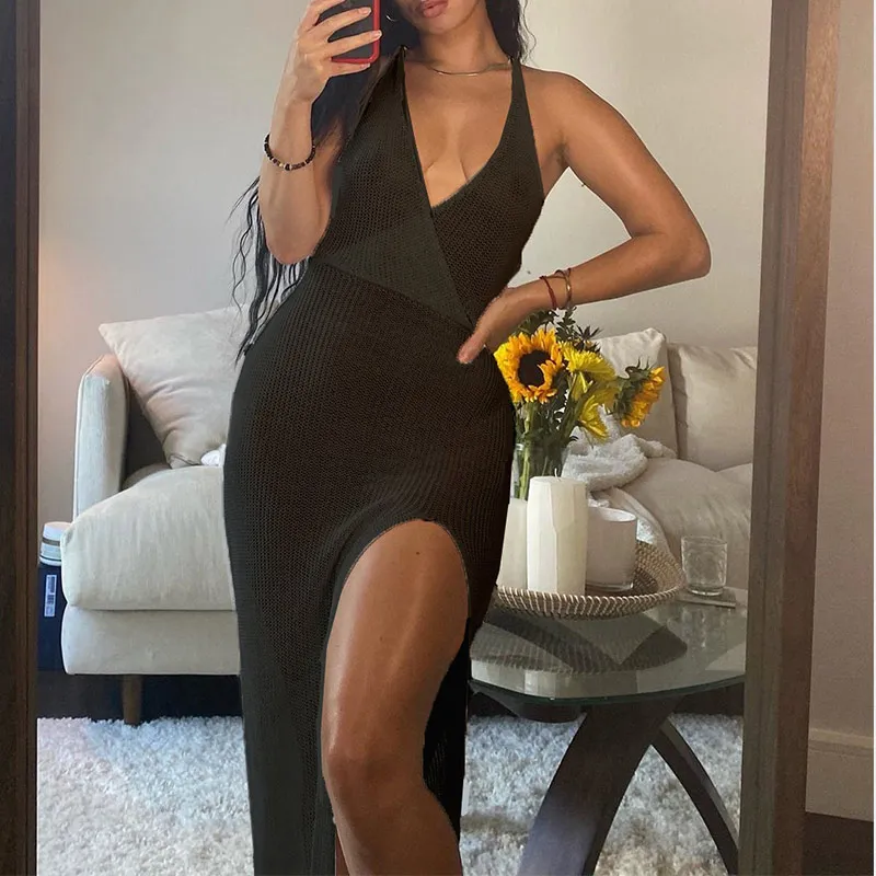 

Knitted Backless Women Sexy Party Dress Spaghetti Strap Hook Line Hollow Out V-Neck High Waist Split Ladies Vestidos 2021 Summer
