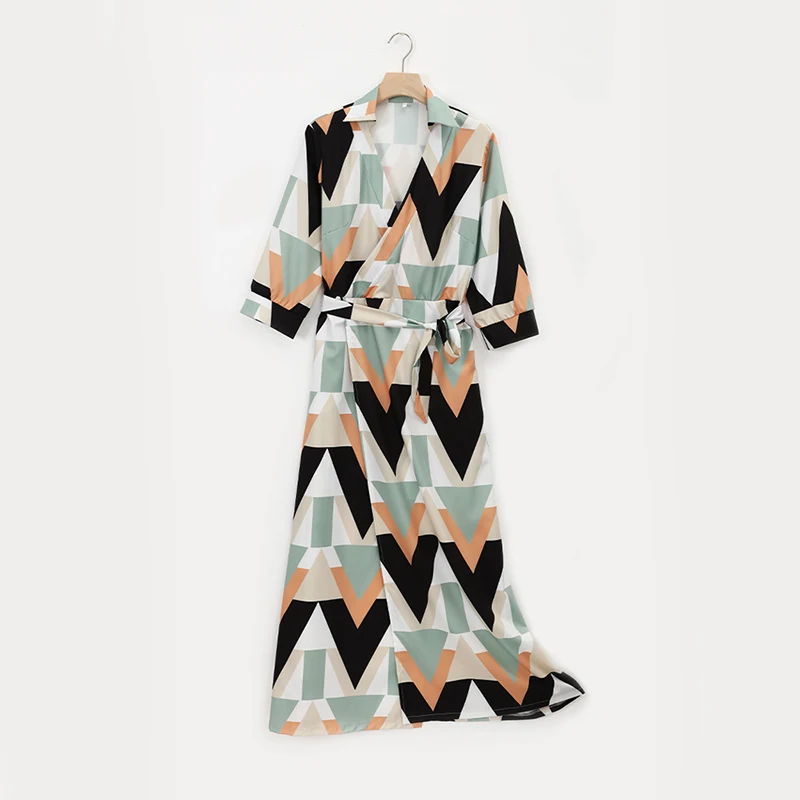 

2021 Summer Women Dresses Dot Letter Print V-Neck Three Quarter Sleeve Belt Tunic Dress Elegant Office Lady Dresses Vestidos