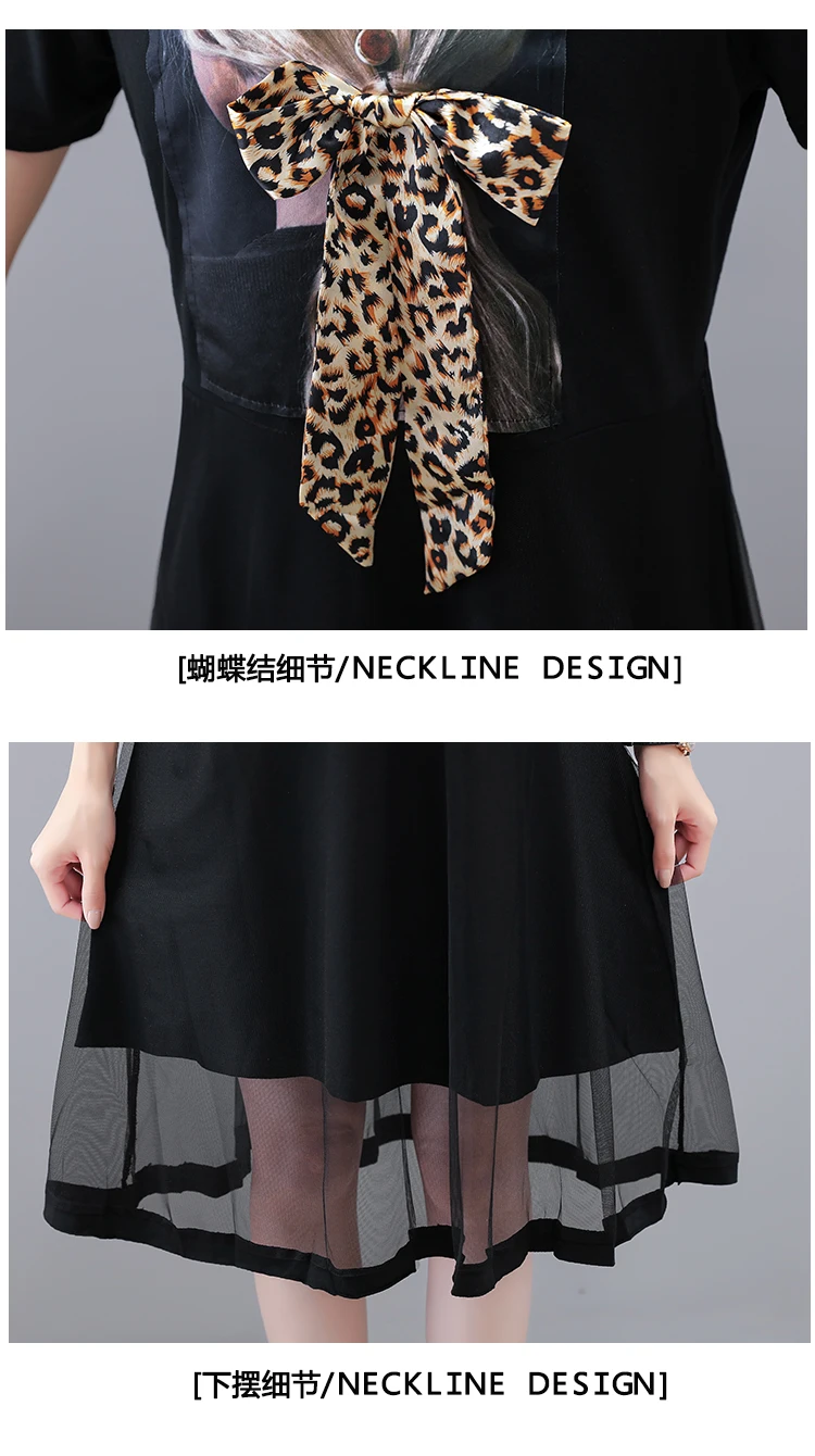 

Summer Fashion Women's Clothing Mesh Print Patchwork Oversized Round Neck Casual Plus Size Loose Bow Female Knee-LengthDress