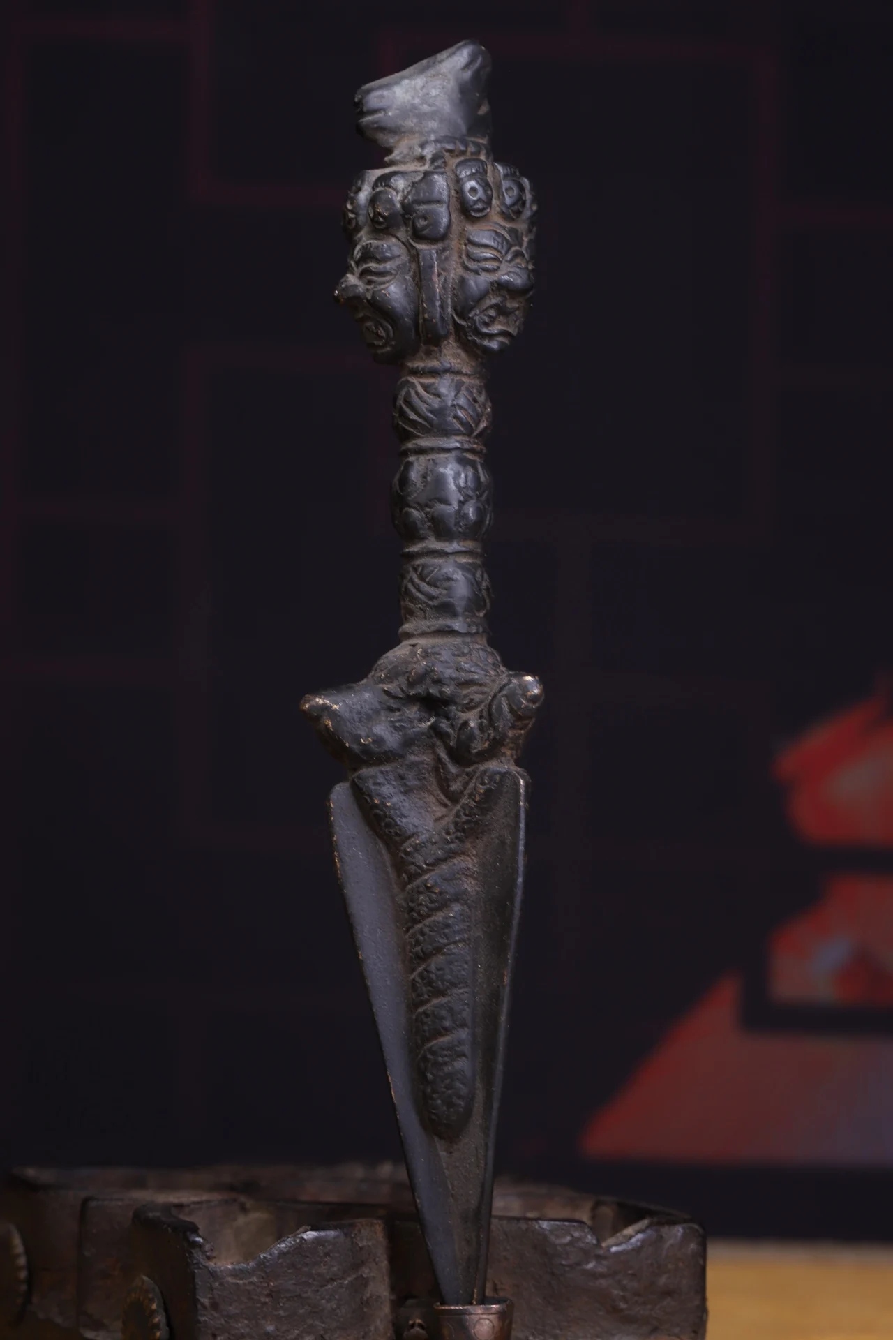 Коллекция тибетских храмов 9 дюймов старая бронза трехсторонняя голова Будды