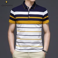 johmuvve new men lapel short sleeved polo casual business work fashion trend wild three color stripes men summer