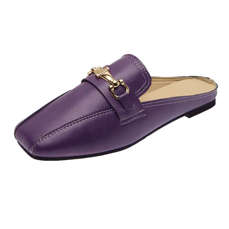 

British Ins Women's Mules Femme Plates Piel Planos Metal Half Slides Elegant Office Lady Slip On Flat Slippers Pu Leather Shoes