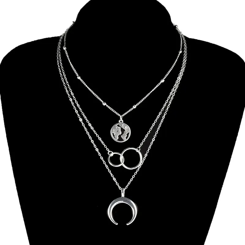 

Creative New World Map Round Circle Moon Necklace Pendant Women Multi-layer Long Chain Clavicle Necklaces Fashion Neck Jewelry