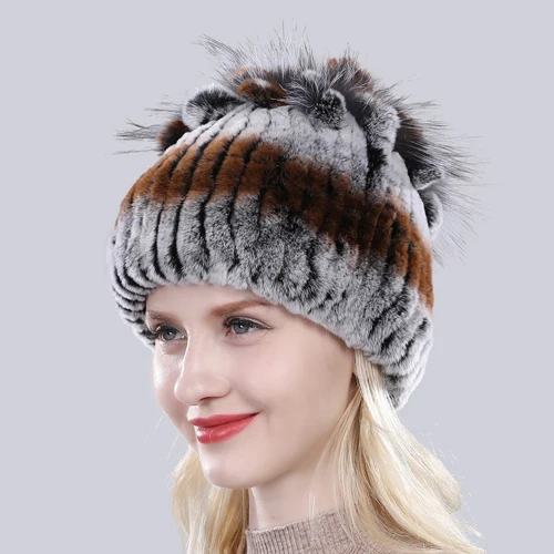 color 4 Зимняя женская шапка из меха кролика рекс Леди Мода Настоящий Кролик+ Лисий мех шапочки эластичные теплые модные женские брендовые головные уборы - Цвет: color 4