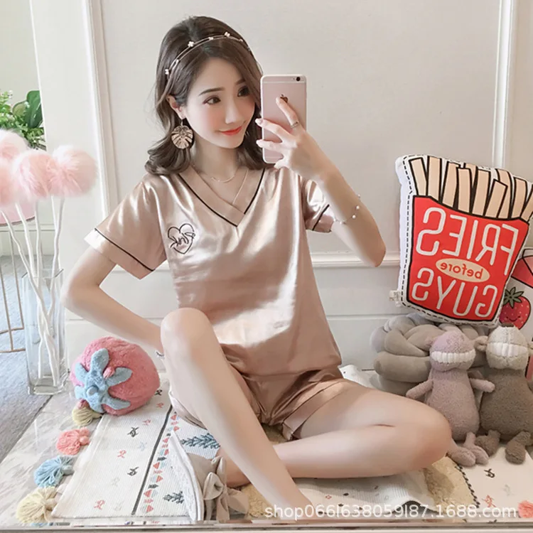 2021 New Pajamas Women's Summer Short Sleeve Nightwear Thin Home Wear Sleepwear Two Piece Ice Silk Shorts Suit Lounge Wear