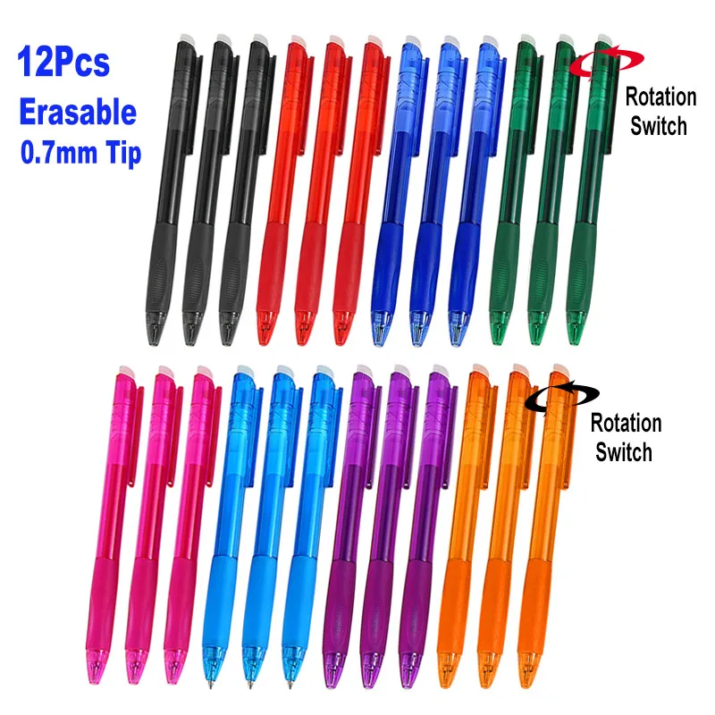 

12Pcs/Set 0.7mm Retractable Erasable Gel Pen Rotation Switch Office School Writing Handle Rods Blue Black Red Ink Refill 8 Color