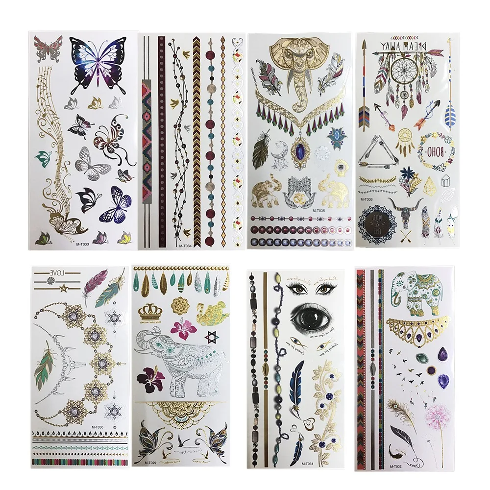 Временные тату наклейки 8 шт. на тело руки плечи рукава металлик ненастоящие