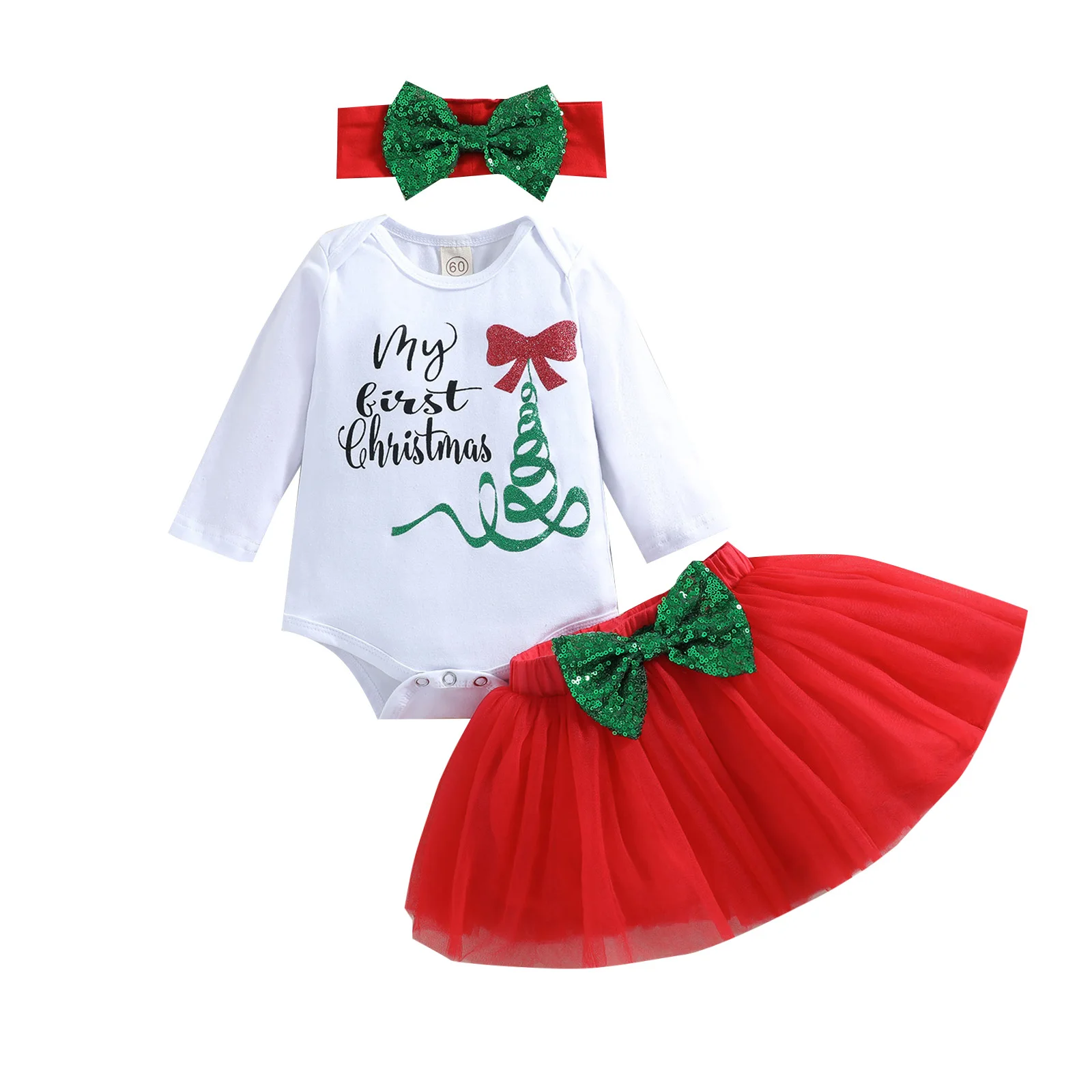 

Hot 3 Pcs Infant Christmas Outfits, Girls Letter Print Long Sleeve Round Neck Playsuit + Tulle Skirt with Sequin Bow + Headband