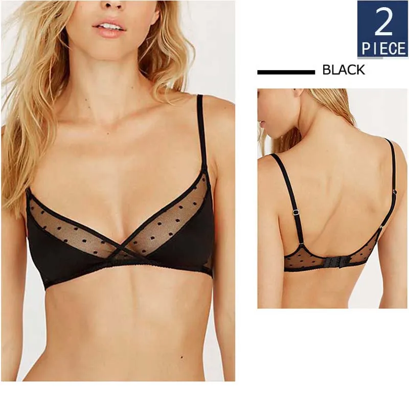 

2Pcs Sexy Lace Bralette Mesh Bra Women Translucent Thin Bralet Triangle Cup Black Brassiere Lingerie Unlined Underwear Bras Top