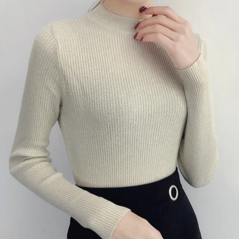 

Women Mock Neck Knitted Sweater Slim Bottoming Autumn Winter Ladies Long Sleeves Sueter Female Solid Casual Pullovers Tops