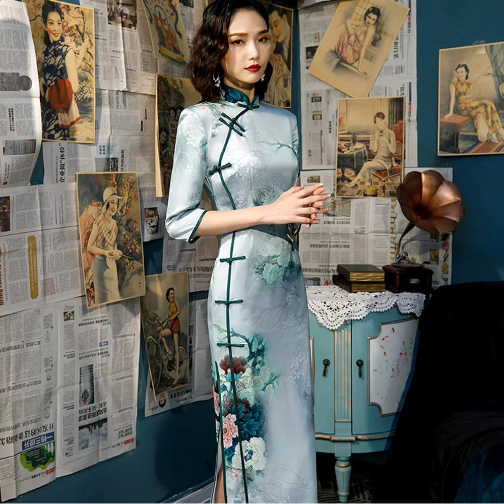 Женское традиционное атласное шелковое платье-Ципао Элегантное повседневное