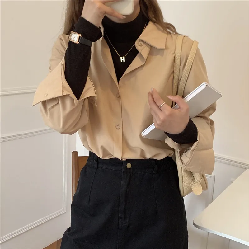 

2021 New Spring 4 clolor blouse OL Formal Elegant Minimalist Lapel Shirt Women Blouses Work Long Sleeve Solid Loose Tops Female