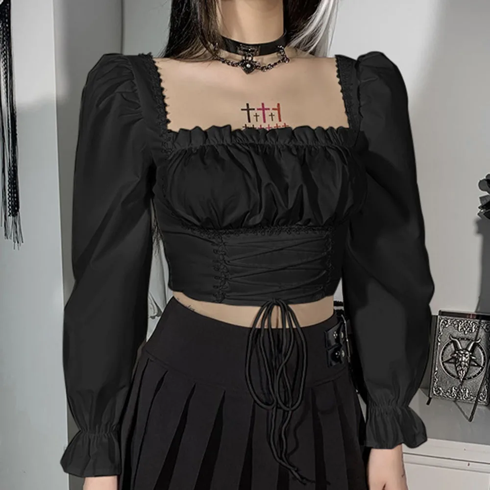 

2021 High Street Fashion Fall Season New Solid Color Square Collar Long Sleeve Sexy Draw Back Bandage Women Blouse Fungus