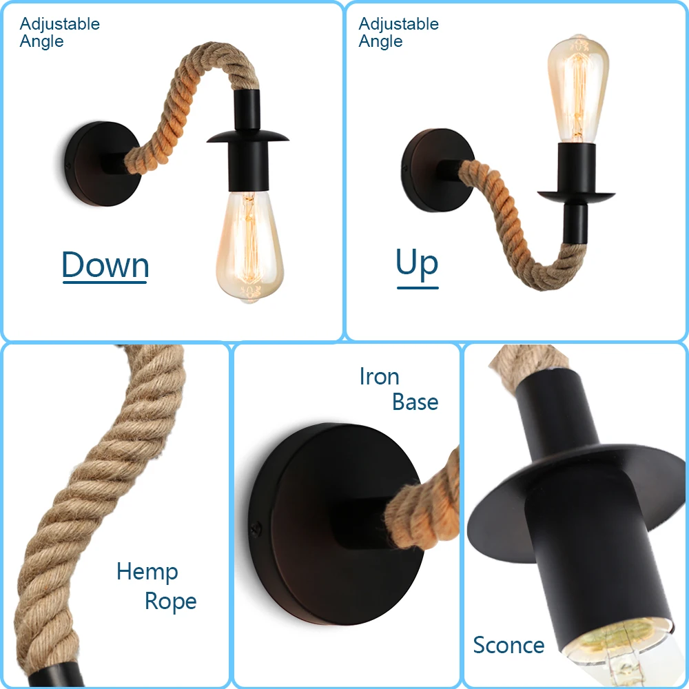 Американский Ретро Лофт светильник ing бра Эдисон лампа E27 розетка пеньковая