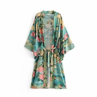 fitshinling bohemian vintage beach kimono swimwear sashes print floral cover up big sleeve green cotton spring autumn cardigan