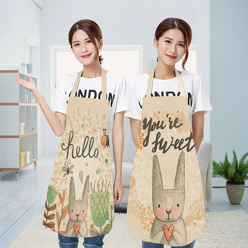 

Lovely Cartoon Rabbit Printed Kitchen Aprons for Women Sleeveless Cotton Linen Cooking Apron Cleaning Tools