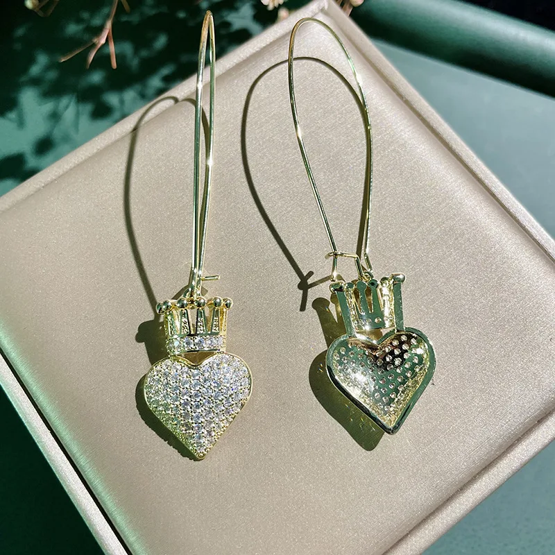 

CINKILE New Fashion Cubic Zircon Heart Earrings Elegant Crown Long Drop Earring Female Wedding Engagement Jewelry Accessories