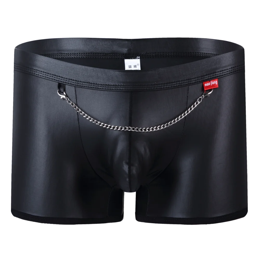 

Men Sexy Rivet Black Faux PU Leather Latex Shorts Boxers Shorts Male Panties Gay Club Wear