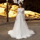Свадебное платье RODDRSYA в стиле бохо с длинным рукавом, кружевное ТРАПЕЦИЕВИДНОЕ ПЛАТЬЕ ИЗ ТЮЛЯ С глубоким круглым вырезом, пикантное пляжное платье невесты с открытой спиной