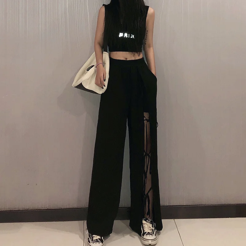 

Summer Thin Black Sports Pants Small Loose Straight Split Lace-up Casual Pants Ins Wide-Leg Pants for Women Summer