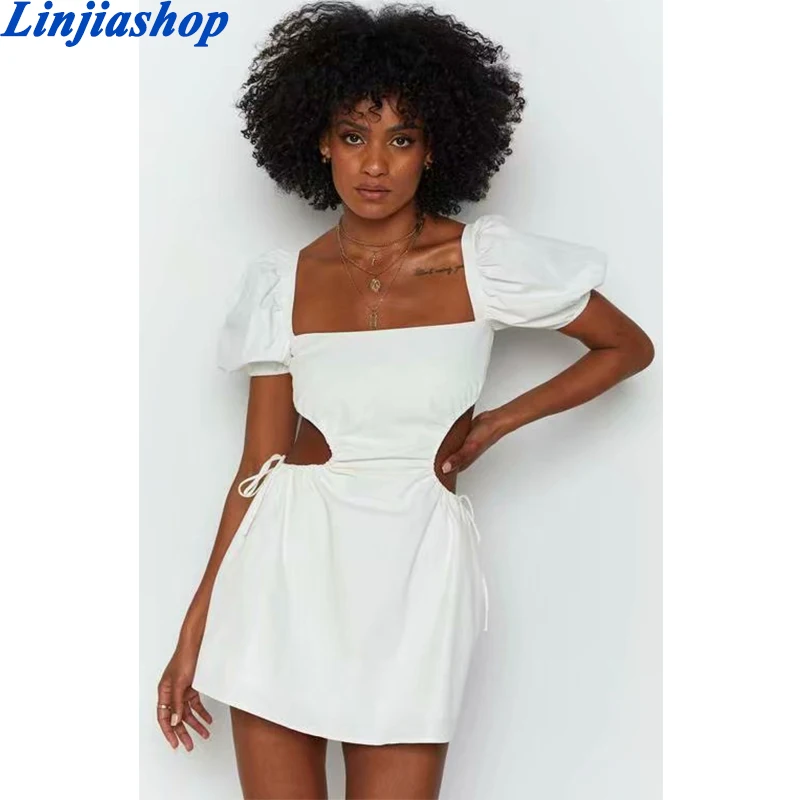 

New Sexy Hollow Out Mini Dress Women Short Puff Sleeve Square Collar Bandage Backless Female Summer Beach Cotton Dress