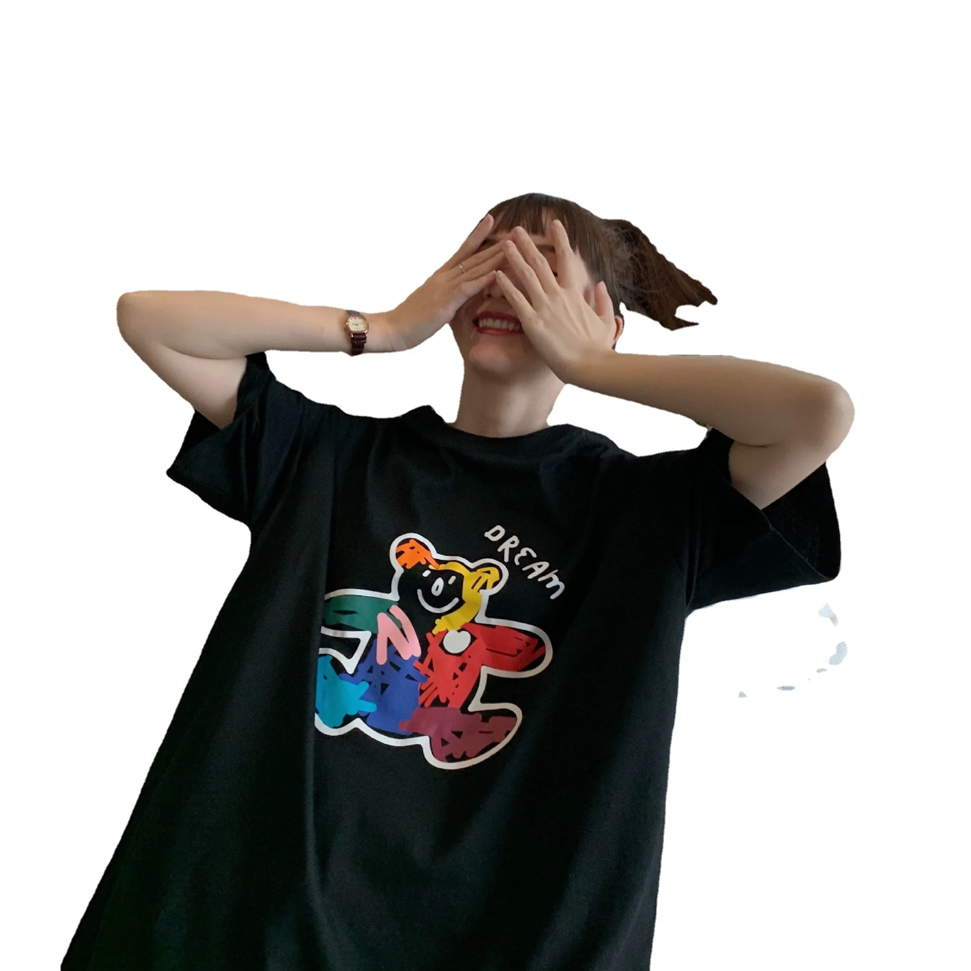 

2576 Bear Print T-Shirt Women Summer Short Sleeve Casual Loose Chic Simple Popular O-Neck Korean Style Streetwear Basic Tees Top