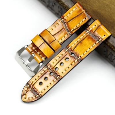 Yellow Silver buckle Ручной работы 24 мм серый желтый крокодиловый узор из натуральной кожи Ретро ремешок для часов браслет для PAM Big Pilot DZ ремешок для часов браслет - Цвет ремешка: Yellow Silver buckle