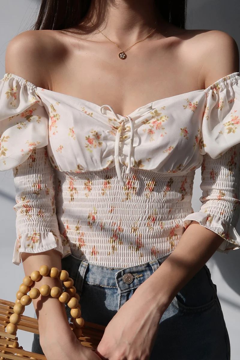 

French Retro Girl One Shoulder Floral Shirt Summer Idyllic Style Bubble Quarter Sleeve Sweet Waist Top Girl