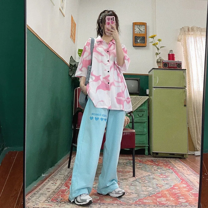 

Women's Casual Pants 2021 New Pink vintage Embroidery Streetwear High Waist Wide Leg Pants Baggy Harajuku Straight Mom Trouser