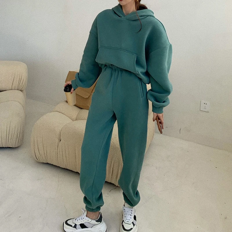 Sister Fara New Spring Autumn Casual Set Woman 2 Pieces Short Hooded Sweater+Elastic Waist Wide Leg Pants Female Two-piece Suit |