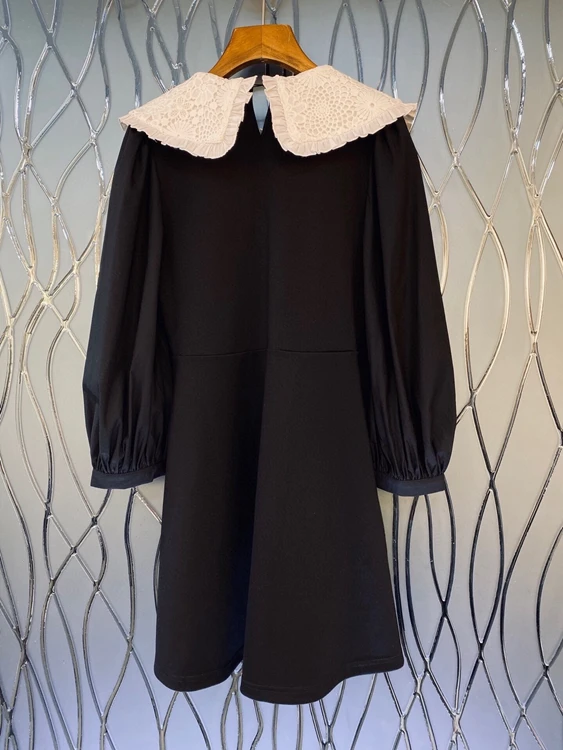 

2021 spring new women's fashion water-soluble color matching stitching large lapel A-line long-sleeved dress 302