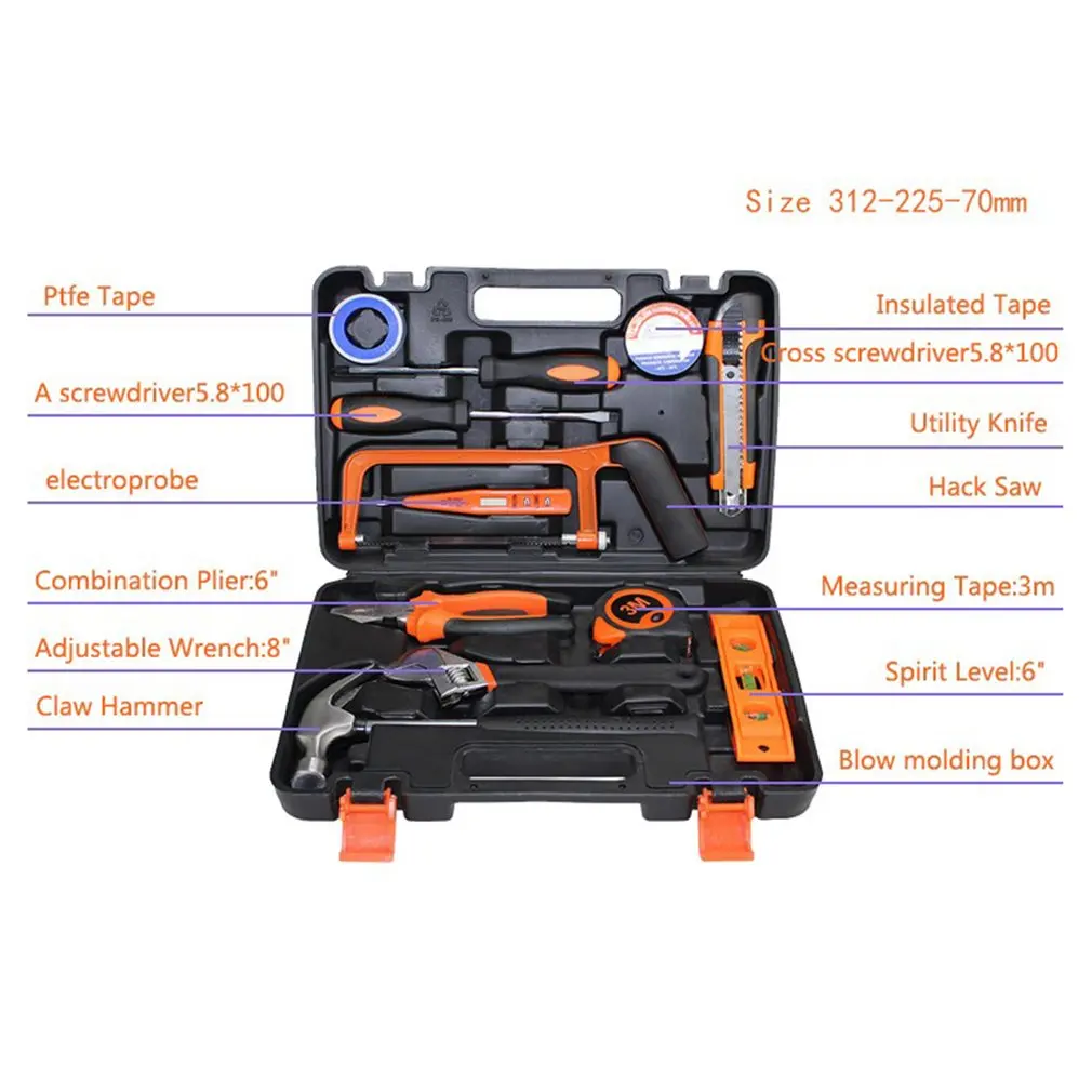 

13pcs Hand Tool Hardware Combination Tool Box Screwdriver Insulation Tape Saw Spirit Level Adjustable Wrench Combination Pliers