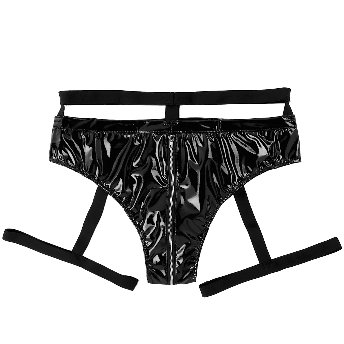 

Men's Panties Black Patent Leather Underpants Zipper Crotch Bulge Pouch Bikini Sexy Briefs with Garter Underwear Rave Clubwear
