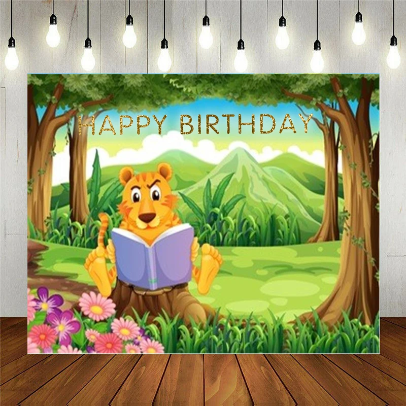 

Реквизит для фотостудии Виниловый фон для фотосъемки для детей день рождения мультяшный Лес Тигр сидящий на деревянной столбе книга для чт...