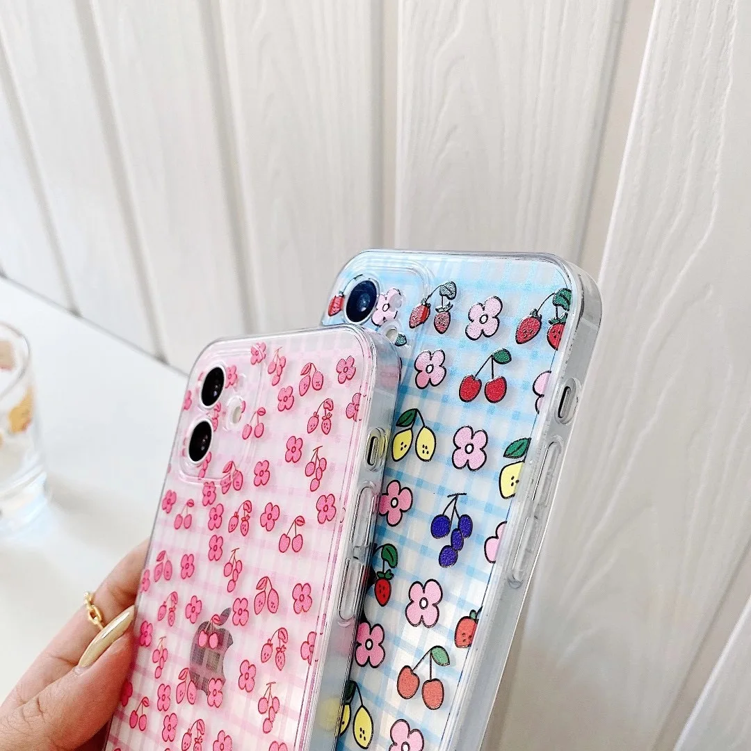 

INS cute cherry strawberry illustration pink lattice phone case for iPhone 11 12 pro MAX Xs MINI Xr X 7 8plus soft TPU backcover