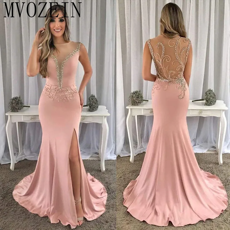 

Charming Mermaid Evening Dress Satin Crystal Beaded High Split Floor Length Party Gowns Long Evening Dresses 2019 Vestidos