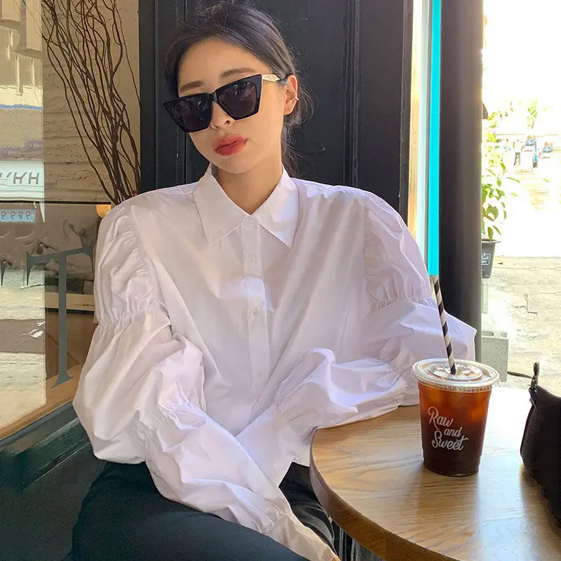 

Low profile elastic design age reducing bubble sleeve Lapel single breasted Long Sleeve Shirt Blouse