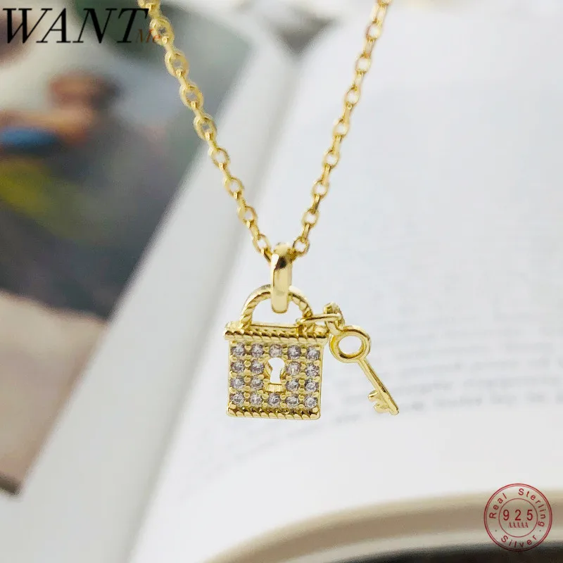 WANTME подлинное серебро 925 пробы модное Золотистое Ожерелье с замком и цепочкой в