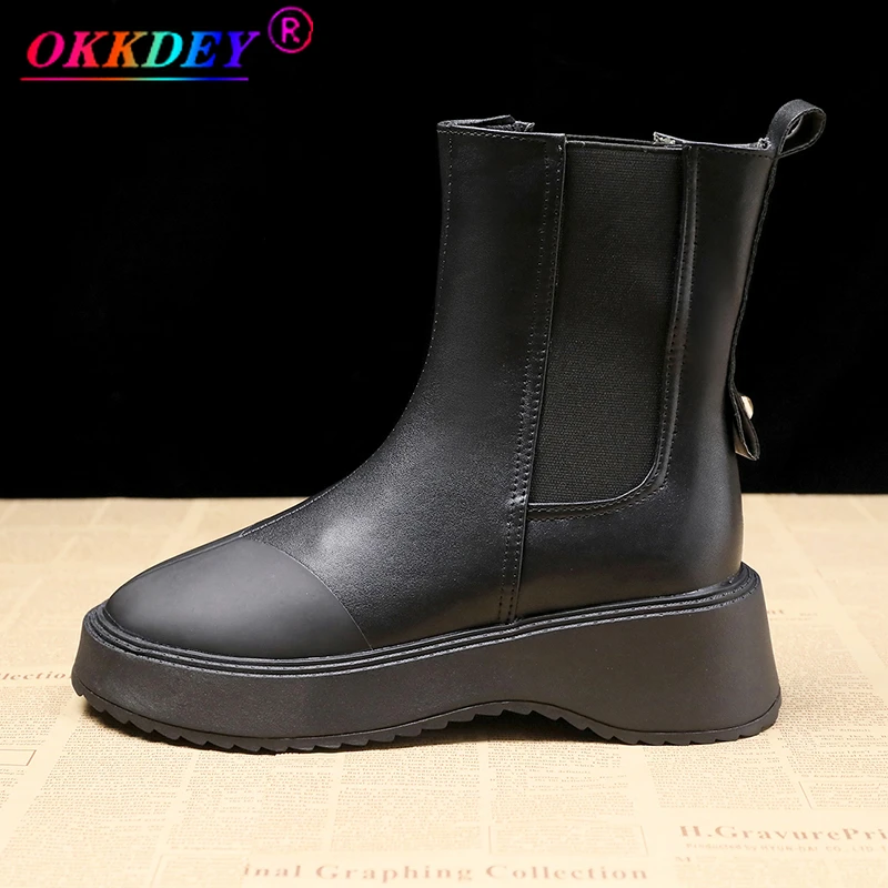 

2021 New Chelsea Motorcycle Boots British Style Leather Round Toe Thick Bottom Women's Fashion Black Short Tube Martin Boots