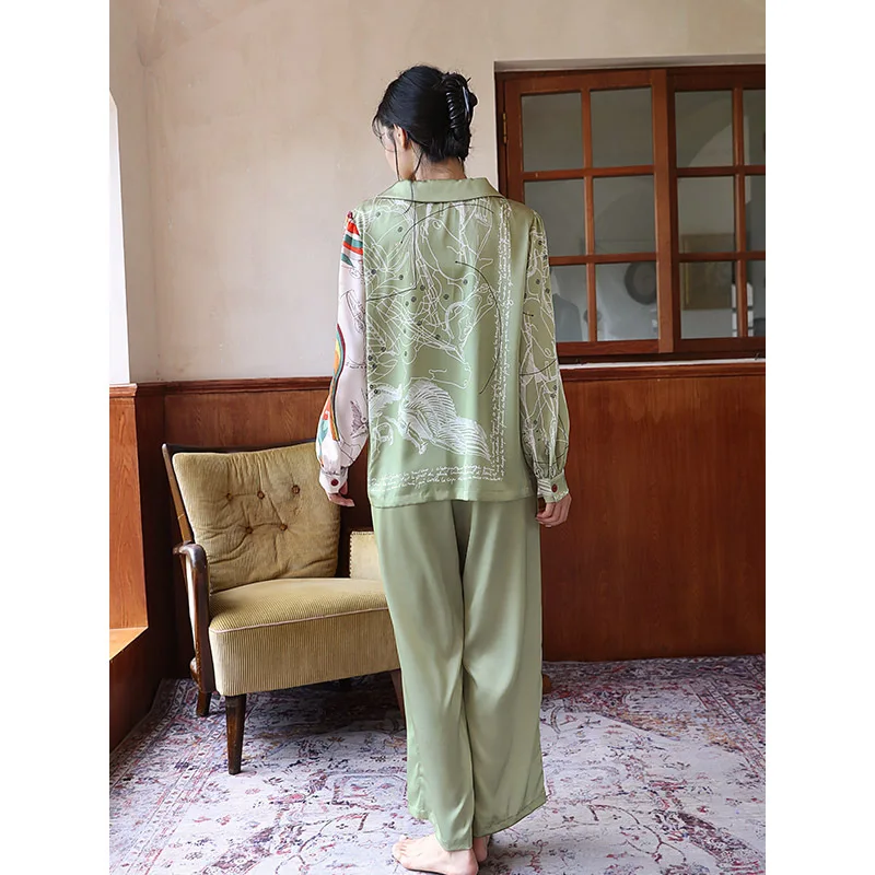 Pajamas Women's Spring and Autumn New Long Sleeved Ice Silk Two-piece Set of Silk Home Clothes