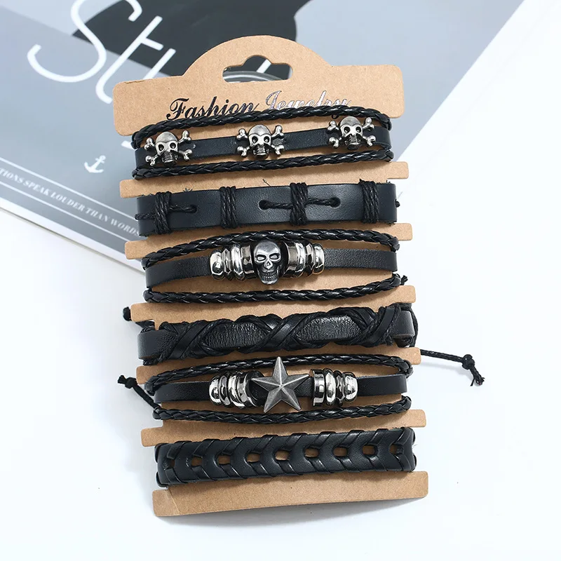 Poisonous Sign Skull Charm Leather Bracelet Set Multiplayer Black Braided Bangle Men Wristband Jewelry 6pcs/set | Украшения и
