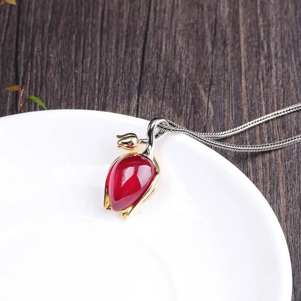 HOT Pink Pendant Безглицый ручной работы тюльпан набор украшений для женщин натуральные драгоценные камни нефрит серьги кольца набор кулонов 925 серебро цветочные ювелирные изделия S02 - Цвет камня: HOT Pink Pendant
